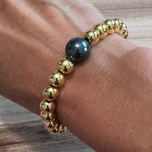 18K Gold-Filled 8mm Beaded Bracelet 12mm Swarovski Tahitian Pearl, 7" Handmade
